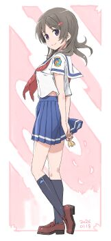 1girl absurdres arms_behind_back badge black_eyes black_socks blue_skirt bluendorange1 breasts brown_shoes china_moeka commentary_request full_body grey_hair high_school_fleet highres loafers medium_breasts neckerchief pleated_skirt red_neckerchief sailor_collar sailor_shirt school_uniform serafuku shirt shoes skirt smile socks solo white_shirt