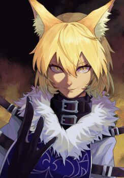 1girl alternate_costume animal_ears belt belt_collar black_gloves blonde_hair blue_tabard collar dress fox_ears fox_girl fur_trim gloves hair_between_eyes hand_up highres koumajou_densetsu koumajou_densetsu_2 looking_at_viewer medium_hair onionmay parted_lips slit_pupils smile solo tabard teeth touhou upper_body white_dress yakumo_ran yellow_eyes