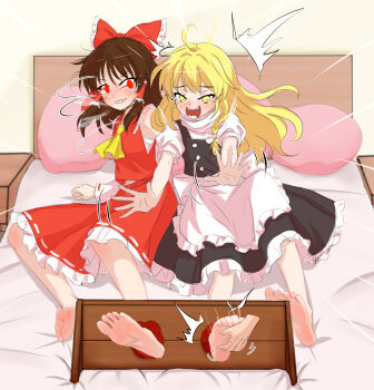 1054945689 1other 2girls absurdres apron ascot barefoot bed black_skirt black_vest blonde_hair blush bow braid brown_hair chinese_commentary commentary_request detached_sleeves disembodied_hand eye_trail frilled_bow frilled_hair_tubes frilled_skirt frills grin hair_bow hair_tubes hakurei_reimu highres kirisame_marisa light_trail long_hair missing_headwear multiple_girls on_bed open_mouth puffy_short_sleeves puffy_sleeves red_bow red_eyes red_skirt ribbon-trimmed_skirt ribbon-trimmed_sleeves ribbon_trim short_sleeves side_braid single_braid skirt skirt_set smile soles stocks tickling tickling_feet toes touhou vest waist_apron white_apron white_bow yellow_ascot yellow_eyes