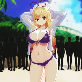 1girl 3d animated armpits arms_behind_head beach bikini bikini_top_pull blonde_hair breasts cleavage crowd front-tie_bikini_top front-tie_top half-closed_eyes hat highres large_breasts legs long_hair mofumoko5 naughty_face navel nipple_stimulation nipple_tweak nipples one_breast_out presenting public_indecency pulling_own_clothes smile tagme thighs touhou video yakumo_yukari yellow_eyes