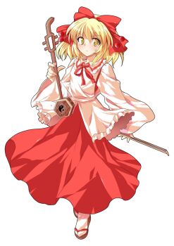 1girl alphes_(style) blonde_hair blush bow brown_sandals commentary_request dairi erhu full_body hair_between_eyes hair_bow hair_ornament holding holding_instrument instrument large_variant_set long_skirt medium_hair parody red_bow red_ribbon red_skirt ribbon sandals satsuki_rin skirt solo style_parody tabi tachi-e touhou transparent_background variant_set wide_sleeves yellow_pupils zouri