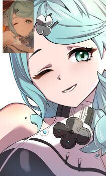 1girl ;) assassin's_(assassin_s23) bare_shoulders blue_eyes blue_hair braid commentary_request formal_clothes game_screenshot_inset hair_ornament highres korean_commentary looking_at_viewer mole mole_on_shoulder one_eye_closed portrait screenshot_inset seed_(zenless_zone_zero) simple_background smile solo suit white_background white_suit zenless_zone_zero