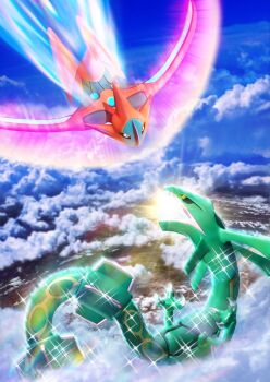 above_clouds attack aura cloud deoxys deoxys_(speed) dragon dragon_tail face-to-face fighting gen_3_pokemon highres incoming_attack legendary_pokemon logo looking_at_another mythical_pokemon nintendo official_art pokemon pokemon_(creature) pokemon_tcg sharp_teeth sky tail teeth tentacles yoshikawa_shin&#039;ichi