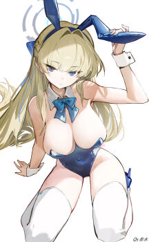 1girl absurdres animal_ears bare_shoulders blonde_hair blue_archive blue_bow blue_bowtie blue_eyes blue_hair blue_halo blue_leotard bow bowtie breasts cleavage commentary_request detached_collar fake_animal_ears halo highres large_breasts leotard long_hair looking_at_viewer mmj official_alternate_costume rabbit_ears simple_background sitting solo thighhighs toki_(blue_archive) toki_(bunny)_(blue_archive) wariza white_background white_thighhighs