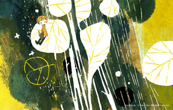 Rule 34 | 1girl, abstract, abstract background, analogous colors, archived source, artist name, black pantyhose, blonde hair, bob cut, book, colored skin, commentary, copyright notice, english text, full body, leaf, limited palette, long sleeves, mini person, minimalism, no lineart, open book, orange shirt, original, pantyhose, rain, shirt, short hair, sitting, tanji youko, turtleneck, turtleneck shirt, watermark, web address, white skin, yellow sleeves