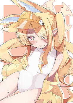 1girl above-cleavage_cutout animal_ear_fluff animal_ears blonde_hair blue_archive blush casual_one-piece_swimsuit clothing_cutout commentary extra_ears eyes_visible_through_hair fox_ears fox_girl hair_over_one_eye halo highres jacket jacket_partially_removed light_smile long_hair looking_at_viewer mutugimio official_alternate_costume one-piece_swimsuit parted_bangs pink_eyes ponytail reclining seia_(blue_archive) seia_(swimsuit)_(blue_archive) sidelocks swimsuit visor_cap white_one-piece_swimsuit yellow_eyes yellow_halo yellow_jacket yellow_visor