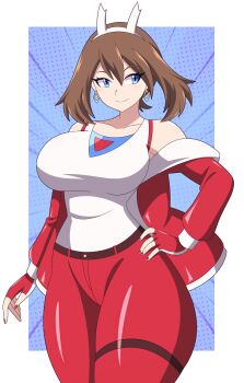 1girl absurdres abysswatchers animal_ear_hairband animal_ears belt blue_eyes breasts brown_hair cosplay earrings fake_animal_ears gen_3_pokemon gloves hairband highres jacket jewelry large_breasts latias latias_(cosplay) legendary_pokemon may_(pokemon) nintendo pants pokemon red_gloves red_jacket red_nails red_pants short_hair smile tank_top white_hairband white_tank_top