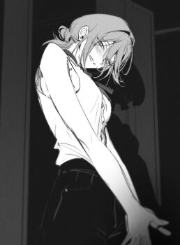 bare_arms black_choker black_ribbon black_shorts blush bomb_devil_(chainsaw_man) breasts chainsaw_man choker cowboy_shot different_shadow dual_persona greyscale hair_between_eyes looking_at_viewer medium_breasts medium_hair monochrome neck_ribbon own_hands_together panza parted_lips reze_(chainsaw_man) ribbon shirt shorts sleeveless sleeveless_shirt smile updo v_arms white_shirt