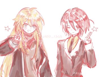 2boys :d artist_name black_necktie blonde_hair blue_eyes braid brown_jacket brown_shirt collared_shirt epic_battle_fantasy highres jacket lance_(epic_battle_fantasy) long_hair looking_at_viewer male_focus multiple_boys neckerchief necktie no_headwear open_mouth red_eyes red_hair red_neckerchief shirt smile star_(symbol) twin_braids undo_1303 upper_body v very_long_hair white_background