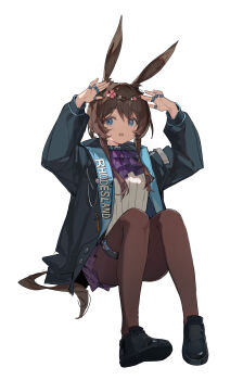 1girl :o absurdres amiya_(arknights) animal_ears arknights arms_up ascot black_jacket black_shoes blue_eyes brown_hair brown_pantyhose chinese_commentary clothes_writing commentary_request full_body head_wreath highres jacket jewelry long_hair long_sleeves looking_at_viewer maochibuqihuyu miniskirt multiple_rings open_mouth pantyhose purple_ascot purple_skirt ribbed_sweater ring ring_on_every_finger shoes simple_background skirt solo sweater white_background white_sweater