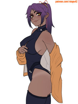 1girl ass bare_shoulders black_leotard black_thighhighs bleach blush breasts closed_mouth clothes_pull covered_collarbone cowboy_shot dark-skinned_female dark_skin eyelashes from_side gradient_hair hair_ribbon hand_on_own_chest highres jacket jacket_pull large_breasts leotard lips long_hair long_sleeves looking_at_viewer multicolored_hair nose orange_jacket orange_ribbon patreon_username ponytail purple_hair ribbon shihouin_yoruichi sidelocks simple_background skindentation smile solo stopu thighhighs white_background yellow_eyes