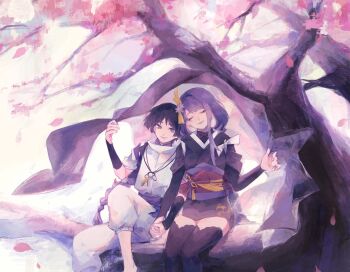 1boy 1girl artist_request black_thighhighs blunt_bangs braid bridal_gauntlets cherry_blossoms closed_eyes closed_mouth commission couple falling_petals genshin_impact hair_between_eyes hair_ornament head_tilt highres holding_hands in_tree japanese_clothes jewelry kimono leaning_on_person leaning_to_the_side light_smile long_braid long_hair looking_at_viewer mitsudomoe_(shape) mole mole_under_eye mother_and_son necklace non-web_source official_alternate_costume outdoors petals pink_lips purple_eyes purple_hair purple_kimono raiden_shogun red_sash sash scaramouche_(genshin_impact) scaramouche_(kabukimono)_(genshin_impact) short_hair short_sleeves single_braid sitting sitting_in_tree sleeves_rolled_up thighhighs tomoe_(symbol) tree