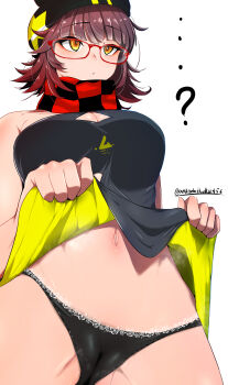 ...? 1girl absurdres ankodaihuku arknights black_dress black_panties black_scarf breasts brown_hair cameltoe checkered_clothes checkered_scarf cleavage_cutout clothing_cutout commentary_request deepcolor_(arknights) dress glasses gradient_hair highres large_breasts lifting_own_clothes multicolored_hair navel orange_eyes panties red-framed_eyewear red_hair red_scarf scarf simple_background twitter_username two-sided_dress two-sided_fabric two-tone_scarf underwear white_background