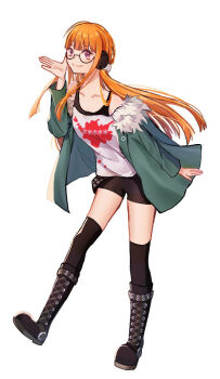 1girl amiamiillust black_shorts black_thighhighs boots closed_mouth collarbone full_body fur-trimmed_jacket fur_trim glasses green_jacket hand_up jacket lace-up_boots looking_at_viewer orange_hair persona persona_5 purple_eyes sakura_futaba shirt short_shorts shorts simple_background smile solo standing thighhighs white_background white_shirt