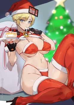 1girl alternate_costume ashiomi_masato bikini black_footwear black_gloves blonde_hair blue_eyes blurry blurry_background blush breasts cake capelet christmas christmas_tree cleavage commentary fingerless_gloves food full_body fur-trimmed_capelet fur-trimmed_thighhighs fur_trim gift_bag gloves guilty_gear hat high_heels highleg highleg_bikini holding holding_plate icing knee_up large_breasts licking licking_finger looking_at_viewer millia_rage navel plate pom_pom_(clothes) red_bikini red_capelet red_hat red_thighhighs santa_bikini santa_costume santa_hat short_hair sitting solo stomach strawberry_cake string_bikini swimsuit thighhighs thighs twitter_username