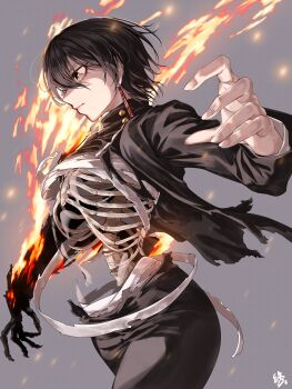 1girl absurdres black_eyes black_hair black_jacket bone earrings endo_yohane fire flaming_hand hair_between_eyes highres jacket jewelry kagari_hiyuki kagurabachi long_sleeves pants ribbon_earrings ribs short_hair skeleton solo spine