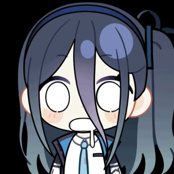 1girl animated animated_gif aqua_necktie aris_(blue_archive) black_jacket blue_archive blue_hair blue_hairband blue_jacket blush_stickers chibi chunye_haruya collared_shirt dot_nose drooling hair_between_eyes hairband jacket long_bangs long_hair long_hair_between_eyes looking_at_viewer lowres mouth_drool multicolored_jacket necktie one_side_up open_clothes open_jacket open_mouth school_uniform second-party_source shirt simple_background solid_circle_eyes solo transparent_background upper_body white_jacket white_mouth white_shirt