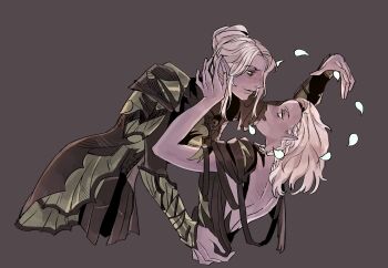 Rule 34 | 2girls, armor, baldur's gate, baldur's gate 3, bare back, braid, brown background, casting spell, colored skin, commentary, cowboy shot, cropped legs, dark elf, dungeons & dragons, elf, english commentary, eye contact, gameplay mechanics, hair bun, hand on another's head, highres, j jsh, leaning forward, looking at another, medium hair, minthara, multiple girls, open mouth, parted lips, pauldrons, pointy ears, profile, purple skin, red eyes, short hair, shoulder armor, simple background, single hair bun, smile, tav (baldur's gate), vambraces, white hair, yuri