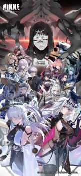 1boy absurdres android black_bodysuit black_gloves black_hair black_hairband blindfold blue_eyes blue_hair bodysuit cecil_(nikke) chime_(nikke) clenched_teeth cloak closed_eyes closed_mouth crown_(nikke) elbow_gloves flower frown gloves goddess_of_victory:_nikke goggles goggles_on_head green_eyes green_hair hairband harran_(nikke) hat helmet highres holding holding_sword holding_weapon isabel_(nikke) johan_(nikke) katana kilo_(nikke) long_hair long_sleeves looking_at_viewer mechanical_arms medium_hair modernia_(nikke) modernia_(second_affection)_(nikke) nayuta_(nikke) noah_(nikke) official_art pink_hair purple_eyes purple_hair rapture_queen_(nikke) red_eyes red_flower red_rose red_shoes_(nikke) rose rose_(nikke) scarlet_(nikke) shield shirt short_hair single_mechanical_arm sword teeth tiara weapon white_cloak white_hair white_hat white_shirt yellow_eyes yuri