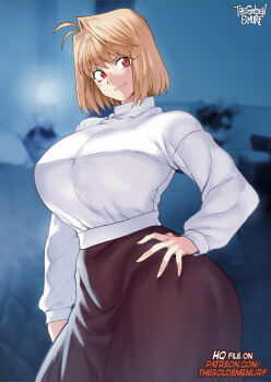 1girl antenna_hair arcueid_brunestud black_skirt blonde_hair breasts closed_mouth commentary cropped_legs english_commentary hand_on_own_hip large_breasts long_sleeves looking_at_viewer medium_hair paid_reward_available red_eyes skirt smile solo standing sweater the_golden_smurf tsukihime turtleneck turtleneck_sweater white_sweater