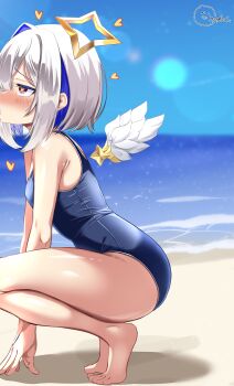 1girl absurdres alternate_costume amane_kanata angel angel_wings barefoot beach blue_hair blue_one-piece_swimsuit blue_sky blush breasts grey_hair halo heart heart-shaped_pupils highres hololive inokeiwd looking_at_viewer multicolored_hair one-piece_swimsuit outdoors sand sky small_breasts solo star_halo swimsuit symbol-shaped_pupils two-tone_hair virtual_youtuber wings