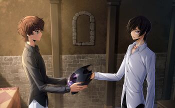 2boys black_hair black_shirt brown_hair closed_mouth code_geass code_geass:_lost_stories game_cg green_eyes helmet highres holding kururugi_suzaku lelouch_vi_britannia multiple_boys non-web_source open_mouth purple_eyes shirt short_hair unworn_headwear unworn_helmet white_shirt