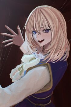 1girl aegyo_sal bang_dream! bang_dream!_it&#039;s_mygo!!!!! blue_eyes blue_vest blush bow bowtie brown_background commentary hachibousei_dance_(bang_dream!) hair_between_eyes highres looking_at_viewer misumi_uika open_mouth puppet_strings shirt solo teeth upper_body vest white_bow white_bowtie white_shirt yu_ux_xy