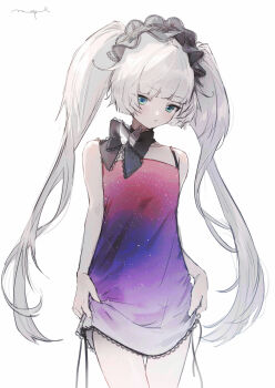 1girl absurdres bow breasts bug butterfly character_request closed_mouth commentary_request commission copyright_request dress green_eyes highres holding insect long_hair looking_at_viewer pppmepl simple_background skeb_commission standing twintails white_background white_hair