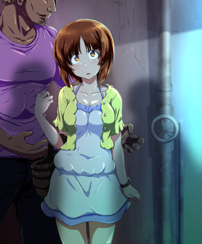 1boy 1girl arm_behind_back basket beard blush breasts brown_eyes brown_hair collarbone commentary_request dark-skinned_male dark_skin dress empty_eyes facial_hair girls_und_panzer halter_dress halterneck height_difference highres holding holding_basket holding_picnic_basket industrial_pipe jacket kabutowari looking_at_viewer muscular muscular_male nishizumi_miho open_mouth picnic_basket purple_shirt shirt short_dress short_hair short_sleeves spaghetti_strap sundress textless_version valve watch white_dress wristwatch yellow_jacket yellow_shirt