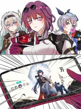 1boy 3girls absurdres black_jacket blade_(honkai:_star_rail) blowing_bubble_gum blush brown_hairband brown_jacket chewing_gum collared_shirt eyewear_on_head fingerless_gloves firefly_(honkai:_star_rail) gloves gradient_hair grey_hair hair_between_eyes hair_intakes hair_ornament hair_ribbon hairband handheld_game_console highres holding holding_handheld_game_console honkai:_star_rail honkai_(series) jacket kafka_(honkai:_star_rail) long_hair multicolored_hair multiple_girls nintendo_switch open_mouth purple_hair ribbon shirt silver_wolf_(honkai:_star_rail) sunglasses sw_chestnut teeth tinted_eyewear white_shirt