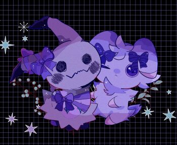 alternate_color bow closed_mouth commentary_request espurr gen_6_pokemon gen_7_pokemon highres leaf mendako_(tyatyaumai29) mimikyu nintendo no_humans one_eye_closed pokemon pokemon_(creature) pokemon_focus purple_bow purple_eyes shiny_pokemon sitting smile sparkle