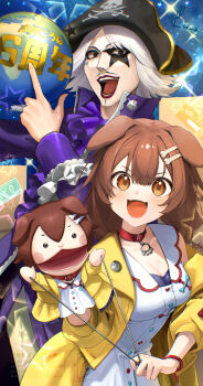 1boy 1girl animal_collar animal_ears bicorne bone_hair_ornament breasts brown_eyes cleavage collar commentary_request dog_ears dog_girl dress earth_(planet) gorgeous_(comedian) hair_ornament hairclip hand_puppet hand_up hat highres holding_planet hololive index_finger_raised inugami_korone inugami_korone_(1st_costume) jacket kito_koruta koruta_(nekoimo) long_hair looking_at_viewer makeup medium_hair open_clothes open_jacket open_mouth pirate_hat planet pulling puppet purple_shirt real_life red_collar red_lips shirt signature sleeveless sleeveless_dress smile sparkle star_(symbol) teeth tongue virtual_youtuber watermark white_dress white_hair wristband yellow_jacket