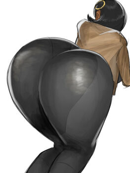 1girl absurdres ass ass_focus bent_over black_bodysuit black_hair bodysuit brown_jacket dark-skinned_female dark_skin emma_(pokemon) from_behind highres huge_ass jacket latex latex_bodysuit nintendo pokemon pokemon_legends:_z-a ui_(chikoyore) white_background