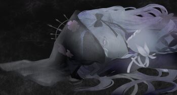 1girl absurdres bare_shoulders bdsm bondage bound bow bug butterfly castorice_(honkai:_star_rail) crown dark_background flower hair_flower hair_ornament highres honkai:_star_rail honkai_(series) insect long_hair lying on_stomach poursuu purple_hands veil white_bow white_hair