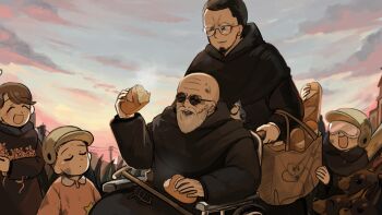 1girl 4boys :d aged_down baguette bald bald_priest_(diva) beard bird black_hair blue_jay_monk_(diva) bread brown_hair chicken closed_eyes commentary cricket_monk_(diva) diva_(hyxpk) dobermann dog english_commentary facial_hair father_(diva) food glasses goggles helmet highres little_nuns_(diva) monk mouse_(animal) multiple_boys open_mouth round_eyewear smile star_nun_(diva) sunglasses wheelchair