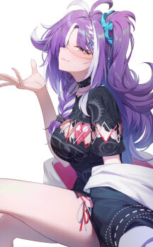 1girl black_choker black_jacket black_shirt black_shorts blush braid breasts choker closed_mouth cowboy_shot from_side hand_up highres jacket large_breasts looking_at_viewer michi_mochievee michi_mochievee_(1st_costume) multicolored_hair off_shoulder purple_hair raijuu_(bakanara) shirt short_shorts shorts side_braid side_ponytail simple_background sitting solo streaked_hair torn_clothes torn_shirt virtual_youtuber vshojo white_background