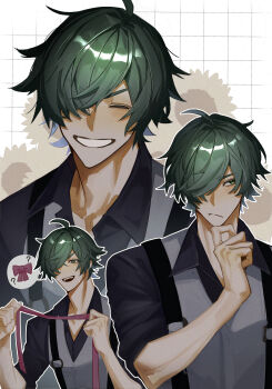 1boy ? absurdres aged_down bf2xuec6ow98466 black_overalls black_shirt blush checkered_background closed_eyes closed_mouth collarbone flower green_eyes green_hair grey_jacket grin hair_over_one_eye hand_on_own_chin highres jacket lighter_(zenless_zone_zero) male_focus multiple_views open_mouth overalls pink_ribbon red_pupils ribbon shirt short_hair sleeves_rolled_up smile solo spoken_question_mark sunflower sweat white_background zenless_zone_zero