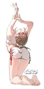 Rule 34 | 1girl, absurdres, arched back, ass, barefoot, brown hair, crop top, flexible, from behind, full body, highres, kneeling, looking at viewer, nabipenciller, original, ponytail, short shorts, shorts, soles, solo, stretching, toes