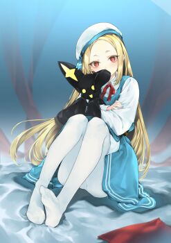 1girl blonde_hair blue_dress collared_shirt creature crossed_arms dress forehead hat highres holding holding_creature long_hair long_sleeves looking_at_viewer mahou_shoujo_ni_akogarete nero_alice okagenikaga panties panties_under_pantyhose pantyhose pinafore_dress red_eyes shirt sitting sleeveless sleeveless_dress solo underwear venalita very_long_hair webp-to-png_conversion white_hat white_pantyhose white_shirt