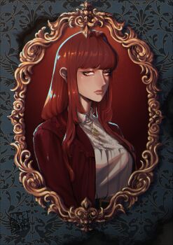 1girl agnes_montague belt blackberreh-art collared_shirt commentary design_speculation english_commentary hair_intakes highres jewelry lips long_hair necklace red_hair shirt solo the_magnus_archives thick_lips white_shirt