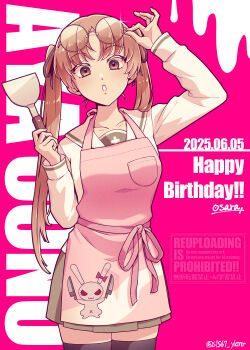 1girl absurdres adjusting_eyewear apron black_thighhighs brown_eyes brown_hair collarbone commentary_request eyewear_on_head girls_und_panzer glasses green_skirt happy_birthday highres holding long_hair looking_at_viewer ooarai_school_uniform oono_aya open_mouth rabbit round_eyewear s1567_ykmr school_uniform shirt skirt solo spatula standing thighhighs twintails twitter_username white_shirt