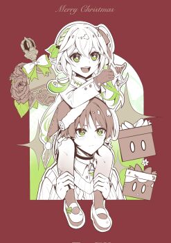 1boy 1girl alternate_costume alternate_eye_color bow box cable_knit choker choppy_bangs christmas_star closed_mouth coat collared_shirt eyelashes feathers flower fur-trimmed_headwear fur_trim genshin_impact gift gift_box gloves green_eyes green_hair hair_between_eyes hair_bow hair_ornament half_crown_braid hat highres holding holding_another&#039;s_legs layered_sleeves leaf leaf_hair_ornament light_blush limited_palette long_hair long_sleeves looking_at_another looking_at_object looking_up merry_christmas mistletoe_hair_ornament multicolored_hair nahida_(genshin_impact) open_mouth pantyhose pinky_ring pom_pom_(clothes) red_background ribbed_sweater rose santa_hat scaramouche_(genshin_impact) scarf shirt shoes side_ponytail sidelocks streaked_hair sweater tareme teeth touxin_0316 tulaytullah&#039;s_remembrance_(genshin_impact) undershirt upper_teeth_only white_hair winter_clothes winter_coat yellow_feathers