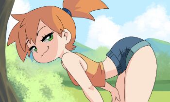 1girl :3 arched_back ass asymmetrical_hair bare_shoulders bent_over blue_shorts blue_sky breasts bright_pupils bushes closed_mouth cloud crop_top day denim denim_shorts grass green_eyes hair_tie half-closed_eyes hand_on_own_thigh highres landscape lirudraw looking_at_viewer midriff misty_(pokemon) naughty_face nintendo orange_hair orange_shirt outdoors pokemon pokemon_(anime) pokemon_(classic_anime) ponytail seductive_smile shirt short_hair short_shorts shorts side_ponytail sky sleeveless sleeveless_shirt small_breasts smile smirk smug solo standing tank_top thighs tree white_pupils