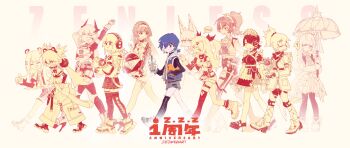 6+girls ? absurdres anby_demara animal_ears astra_yao bangboo_(zenless_zone_zero) belle_(zenless_zone_zero) blue_hair breasts bubble_tea caesar_king_(zenless_zone_zero) closed_eyes commentary_request cup detwang dress eating ellen_joe eous_(zenless_zone_zero) fake_animal_ears food hair_ornament hair_ribbon hairclip hand_in_pocket headphones highres holding holding_cup holding_food holding_umbrella hoshimi_miyabi ju_fufu koleda_belobog long_hair maid_headdress mole mole_under_eye multiple_girls nicole_demara open_mouth parasol ponytail ribbon short_hair signature single_thighhigh soldier_11_(zenless_zone_zero) spoken_question_mark spot_color standing stretching thighhighs torn_clothes torn_thighhighs umbrella vivian_banshee walking zenless_zone_zero zhu_yuan