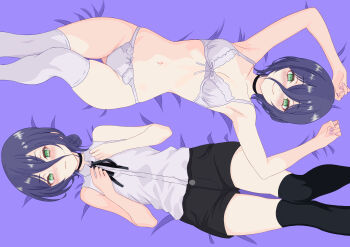 1girl absurdres arms_up black_choker black_shorts black_thighhighs blush bra breasts chainsaw_man choker closed_mouth green_eyes grey_bra grey_panties grey_shirt grey_thighhighs hair_between_eyes highres lying minami_srii multiple_views on_back panties purple_hair reze_(chainsaw_man) shirt short_shorts shorts sleeveless sleeveless_shirt small_breasts smile thighhighs underwear