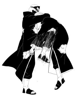 2boys akatsuki_uniform black_nails forehead_protector full_body greyscale hidan_(naruto) highres jewelry kakuzu_(naruto) kicking male_focus mask monochrome motion_lines mouth_mask multiple_boys nail_polish naruto_(series) naruto_shippuuden necklace ninja ninja_mask ryona short_hair simple_background toenail_polish toenails white_background yi_(199702090505)