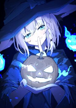 Rule 34 | 1girl, absurdres, black cloak, blue eyes, blue theme, bow, braid, cloak, commentary request, finger to mouth, hair between eyes, halloween, hand up, hat, hat bow, head tilt, highres, holding, holding pumpkin, hololive, index finger raised, looking at viewer, medium hair, parted lips, pumpkin, sabamiso113, shirakami fubuki, shushing, side braid, smile, solo, upper body, virtual youtuber, white hair, witch hat