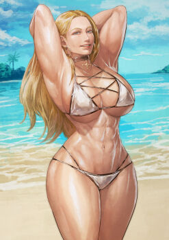 1girl abs absurdres armpits arms_behind_head beach bikini black_choker blonde_hair blue_eyes blue_sky breasts choker cirenk cleavage commentary commission cowboy_shot cross cross_choker curvy earrings english_commentary forehead hair_down highres hoop_earrings horizon huge_breasts jewelry kolin lips long_hair looking_at_viewer lowleg lowleg_bikini mixed-language_commentary multi-strapped_bikini_bottom muscular muscular_female navel nose ocean parted_lips revision sky solo standing street_fighter street_fighter_v swimsuit tan teeth thick_thighs thighs underboob upper_teeth_only white_bikini