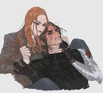 1boy 1girl black_gloves black_shirt black_widow breasts brown_hair bucky_barnes clenched_teeth closed_mouth coat facial_hair furrowed_brow garrote garrote_(torture_instrument) gloves grey_coat highres long_hair marvel marvel mechanical_arms medium_breasts natasha_romanoff parted_bangs parted_lips pinkteest red_hair saliva shirt single_mechanical_arm stubble sweat teeth upper_body white_background winter_soldier