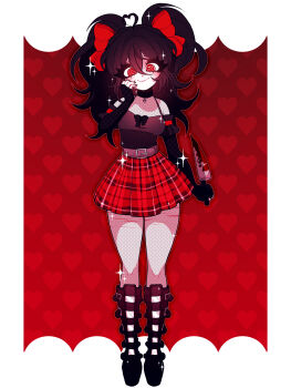 1girl absurdres ahoge belt black_hair blood blush boots bow choker commentary commission dreamalgia elbow_gloves english_commentary eyelashes fingerless_gloves fishnet_pantyhose fishnet_top fishnets frilled_shirt frills gloves goth_fashion hair_between_eyes hair_bow heart heart-shaped_pupils heart_ahoge highres holding holding_knife knife long_hair original pale_skin pantyhose plaid_clothes plaid_skirt red_bow red_eyes red_skirt red_theme scar scar_on_leg scar_on_thighs self-harm_scar shirt skirt smile solo sparkle symbol-shaped_pupils twintails yandere